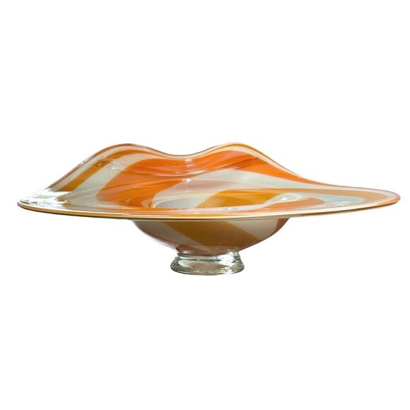 Large Hand Blown Orange and White Swirled Decorative Dish with Folded Lip - Picture 4 of 6